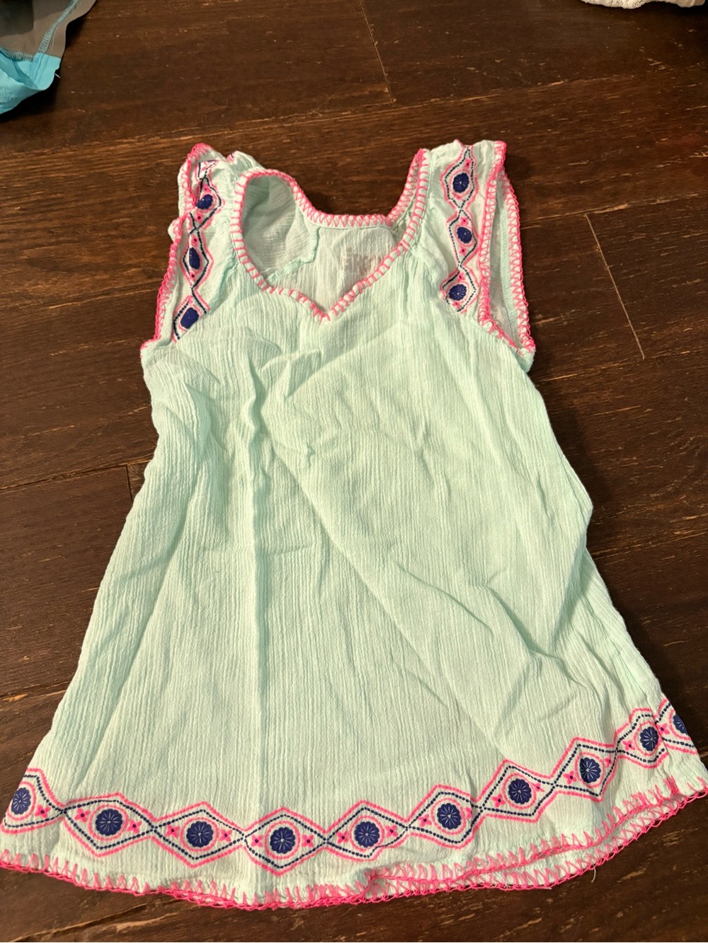 Girls Mint Green Embroidered Tank Top with Pink Trim